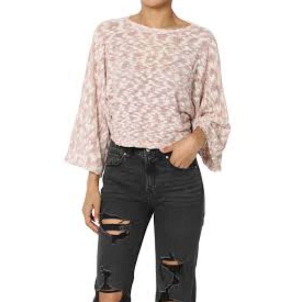 The Mogan Batwing Flare Sleeve Crop Knit Sweater Size L Pink White Fall Summer